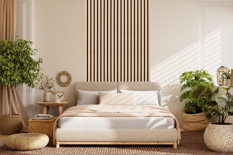 EASYwood Akupanel in Light Oak schafft eine warme und ruhige Atmosphäre im Schlafzimmer. Die natürlichen Holzlamellen verbessern die Akustik, reduzieren Nachhall und tragen zu einer entspannten Umgebung bei. Ideal für moderne Wohnräume, in denen Komfort, Design und Ruhe im Mittelpunkt stehen.